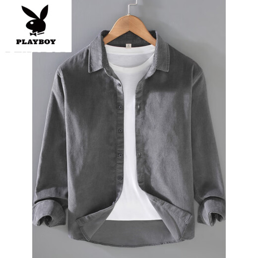 花花公子（PLAYBOY）春季灯芯绒衬衫男长袖感商务休闲宽松棉工装棉衬衣外套潮新品 卡其色【9715方领有口袋】 M 【105-125斤】