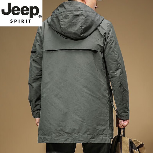 JEEP SPIRIT high-end windproof hooded jacket men's medium-length windbreaker men's jacket spring and autumn 2025 new trendy jacket green 2XL recommended 150-170Jin Jin equals 0.5 kg