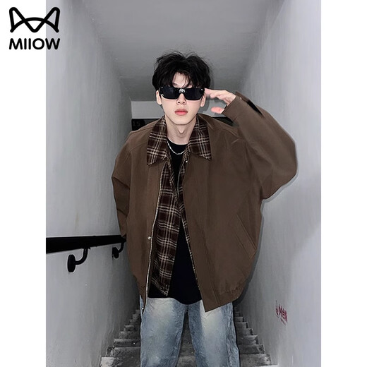 Cat Man Jacket Men's Autumn and Winter Maillard Wear Fake Two-Piece Plaid Plus Velvet Thickened Large Size Jacket Lapel Baseball Clothing 1802 Brown XL (Recommended 140-160 Jin Jin equals 0.5 kg)