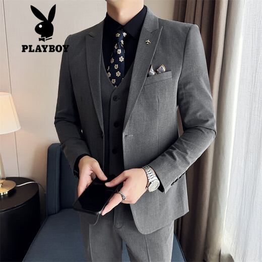 Playboy (Playboy) Casual und gutaussehender Anzug Herrenanzug mit Street Slim Fit großer Bräutigamanzug Herren Hochzeitskleid Britisch-Stil zweiteiler hellgrauer XL