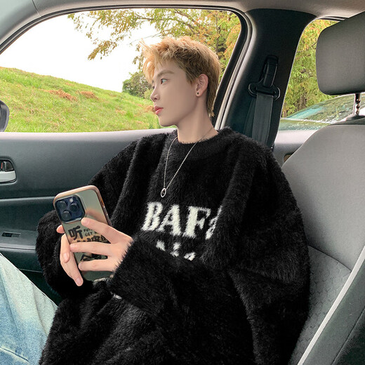 Shelley Jones' new round neck sweater for autumn and winter, men's trendy loose inner sweater for men's sweater for young men's pullover, handsome sweater milky white XL [Recommended 120-140Jin [Jin equals 0.5 kg]]