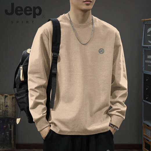 JEEP SPIRIT美式重磅纯棉长袖T恤男士春秋季潮牌百搭卫衣男宽松休闲打底衫 白色纯棉束口长袖-1365 S 【建议90-115斤】
