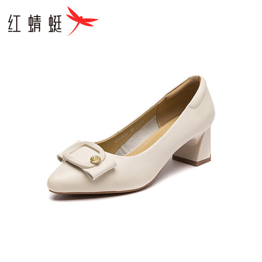 
Red Dragonfly Leap Moon Shoes High Heels 25 Spring Thick Heels Women's Shoes Pointed toe Workplace Small Leather Shoes Single Shoes WLB15124 Beige White 40