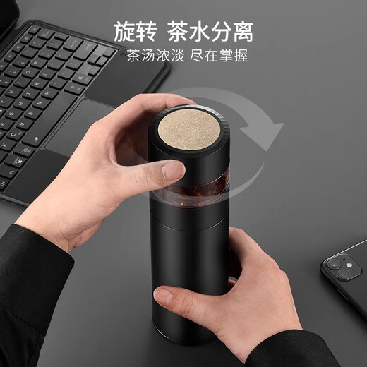 Rongjun Doppelschicht Pure Titanium Thermos Cup Männer und Frauen Tee-Trennung Tee Tasse High-End Health Water Cup Hochwerte Anpassung Business Black (Geschenkbox) 460 ml