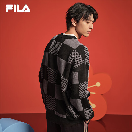 FILA official couple knitted sweater 2025 spring fashion casual loose plaid pullover sweater