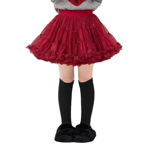 Moonkids girls mesh tutu skirt children's princess style spring tutu skirt 2025 autumn and winter new sequin skirt 4552L burgundy silver convex skirt one size M 130cm-140cm