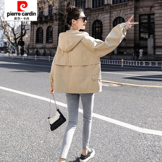 皮尔卡丹2025春秋新款外套女韩版连帽洋气工装外套女休闲法式风衣女宽松潮 卡其色 2XL 【135-150斤】