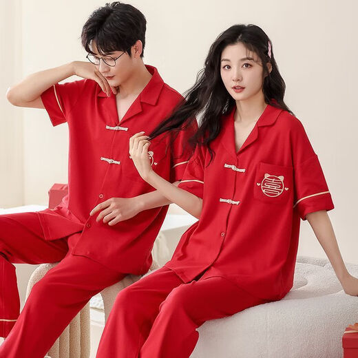 Shemanxiu couple pajamas summer pure cotton short-sleeved trousers suit men and women summer cartoon cute 2024 new home clothes AM-695 female 695 male M female recommended 80-100Jin Jin equals 0.5 kg