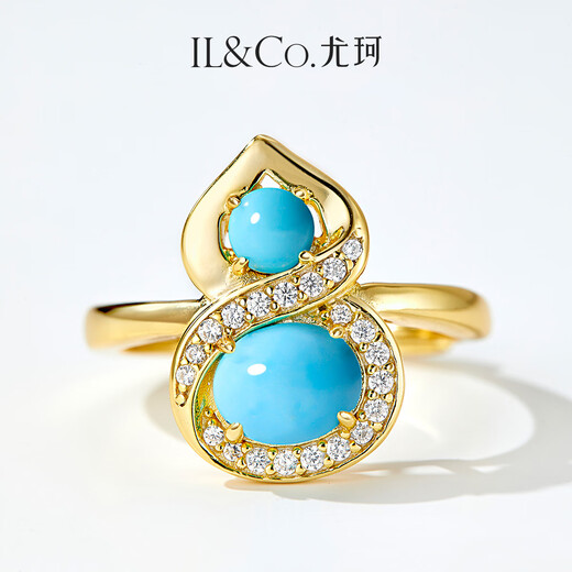 IL&CO Youke S925 Silver Small Gourd Natural Turquoise Necklace Women's National Style Jewelry Birthday Valentine's Day Gift S925 Silver Turquoise Ring