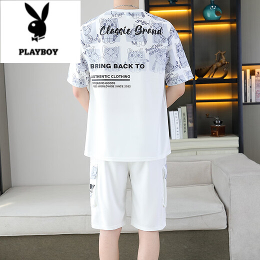 Playboy (PLAYBOY) 2025 summer new short-sleeved suit for men teenagers versatile shorts casual sports two-piece set gradient color men's clothing 6187 blue M