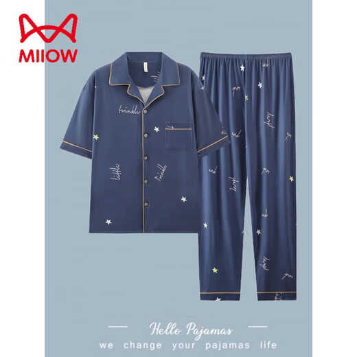 Catman Miiow Summer New Pyjamas Herren dünner lässiger loser Baumwoll-Cartoon-Student kurzärmelige Hosen Strickjacke Home Clothing Set G3884 Blue-Short-Ärmeln Hosen L [Empfohlen 100-120jin [Jin gleich 0,5 kg]]