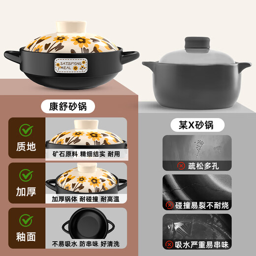 Kangshu Sunflower Casserole Combination Pack Buy One Get One Free Dry-cooked Non-Cracking Stew Pot for Household Gas Stoves Can Use Large Capacity Casserole Sunflower Casserole Buy One Get One Free 2500+ 1000ml
