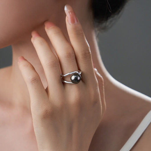 Meluxe S925 Silver Seawater Pearl Ring Tahitian Black Pearl Live Ring for Women Birthday Gift for Wife Pure Black 9.5-10mm