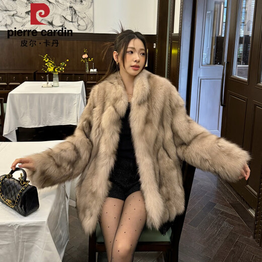 皮尔卡丹《C位千金》超洋气真整皮狐狸毛皮草外套女中长款宽松大衣2025冬 银灰双色 70衣长 S