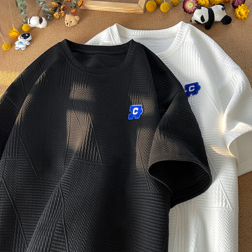 Dingfengbaoluo Hong Kong Style T-shirt à manches courtes pour hommes en été lâche lettre respirante broderie de style lazy top jc102 blanc xl