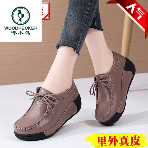 
Woodpecker brand leather shoes women's shoes genuine leather sponge soles 2024 spring new thick sole rocking shoes casual non-slip lightweight single shoes 691 gray 35