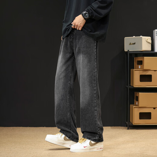 MAYBEYOND American jeans men's spring and summer high street loose straight pants wide-leg casual long pants MA78 black gray XL