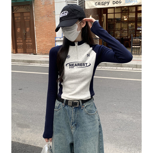 TonLion 2025 Women's Stand Collar Zipper Sleeve Splicing Long Sleeve T-Shirt Navy L