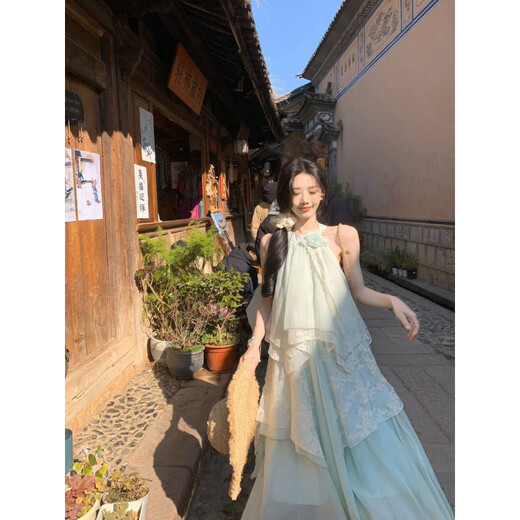 Bei Xianqi 2025 summer new style spliced ​​vacation temperament sweet temperament seaside sleeveless loose dress Mint green dress M