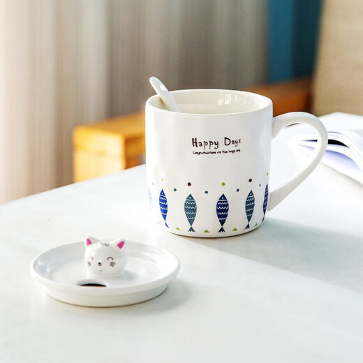 Porcelain soul ceramic mug with lid and spoon cup coffee cup couple tea cup men and women large capacity water cup kitten cup