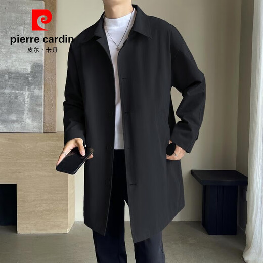 Pierre Cardin 2026 new spring and autumn trendy new mid-length single-breasted jacket, simple, handsome, versatile, loose windbreaker for men, khaki 2XL