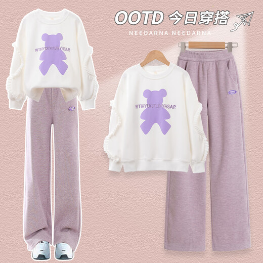 
OVE girls spring suit 2025 new fashionable children's spring and autumn sweatshirt medium and big children's early spring clothes 15188 purple + 4882 white 140 140cm