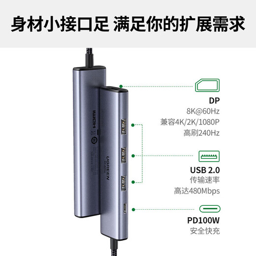 绿联（UGREEN） 拓展坞 Type-C扩展坞USB-C转HDMI转换器3.0分线器电脑转换器MacBook Air适用iPad Pro笔记本 5合1【DP投屏8K+HUB+PD】15905