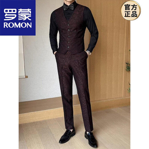 ROMON Double-breasted Dark Pattern Jacquard Dinner Suit Men's 2025 Spring and Summer Suit Three-piece Wedding Groom's Dress Fashion Burgundy Suit+Vest+Trousers Black L 110-125Jin Jin equals 0.5 kg