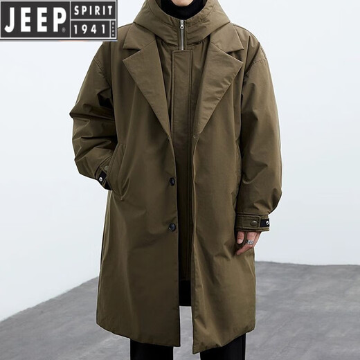 JEEP SPIRIT Jeep 2025 Autumn and Winter New Men's Korean Coat Men's Jacket Fake Two-piece Hooded Mid-Length Windbreaker Parka Black Thin 140-155Jin Jin equals 0.5 kg XL