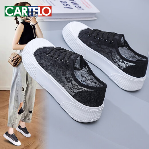Cartelo 2025 Chaussures en maille neuves d'été Small Small White Women's Shoes Touvas Chaussures polyvalentes Sole épaisse chaussure de planche respirante 9902 noir 38