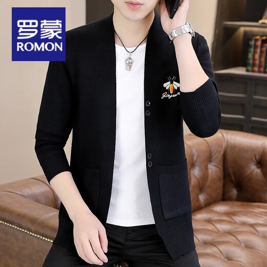 ROMON (ROMON) bee embroidered knitted cardigan for men's spring and autumn youth fashion trendy brand slim sweater jacket outer top K16818 dark gray M