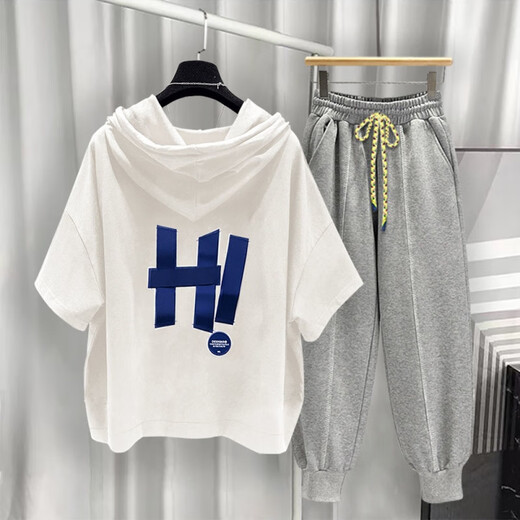 Xiapinli Hong Kong style hooded short-sleeved suit men's summer trendy printed T-shirt set White 9215 XL suitable (130-150Jin [Jin equals 0.5 kg])