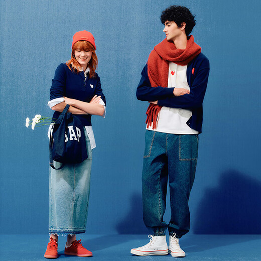 GAP women's spring love patch embroidered logo Henry collar slim long-sleeved T-shirt top 729420 navy blue M (165/84A) Asian size