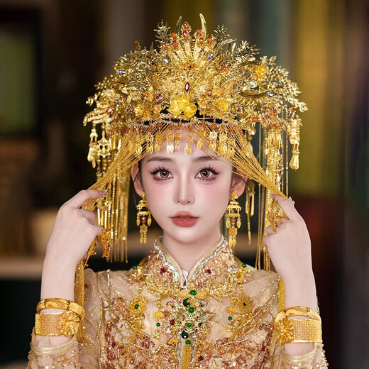 CHAUIYIN Chao Yin Fengguan Xia Pei Tiara Bride Hanfu Heavy Industry Headwear Golden Retro Face Curtain Chinese Xiuhe Accessories Gold Face Ring (Ear Clip Style