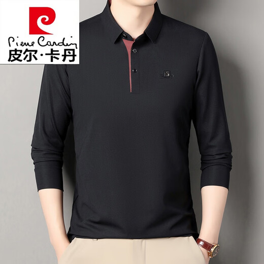 Pierre Cardin Langarmed T-Shirt für Herrenfrührungen und Herbst Dünne dünne mittlere Baumwoll-Lohr-Revers-T-Shirt-Top-Basis-Polo-Hemd mit mittlerem Alter.