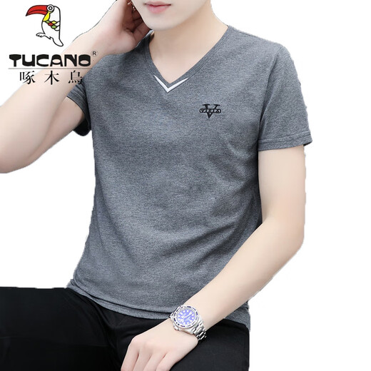 Woodpecker (TUCANO) short-sleeved T-shirt for men in summer solid color double V-neck pure cotton fashion Korean version solid color simple POLO half-sleeved popular base shirt pink 659 models 2XL