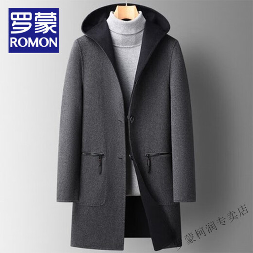 ROMON new autumn and winter hooded wool trench coat with two sides in wool trench coat mid-length double-sided trendy coat men's tweed coat black L (175) 115-135Jin[Jin equals 0.5 kg]
