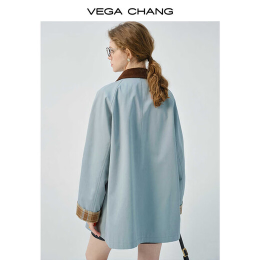 VEGA CHANG风衣女2025新款春季撞色拼接设计美式户外感外套上衣 灰天蓝 M