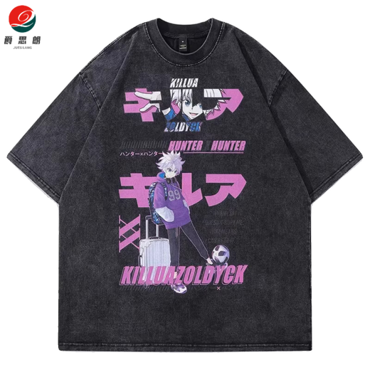 Jueslang animation full-time hunter hunter x hunter retro old summer cotton washing short-sleeved T-shirt for men and women washing black B1278 XL