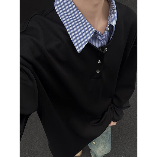 Pugesi (PUGESI) fat man large size fake two-piece contrasting color polo sweatshirt men's Henry collar spring and autumn loose plus fat shirt collar top jacket A001-W2343 black regular 4XL 180-205Jin Jin equals 0.5 kg