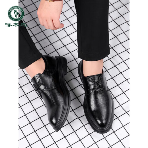 
Woodpecker leather shoes men's Korean style business spring and summer casual breathable British odor-proof inner height-enhancing formal wear wedding groom shoes black 9928 44