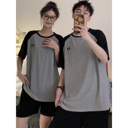 
Langsha couple summer thin pure cotton short sleeve shorts home clothes black and gray two-piece set for men and women 695 [single set price] M women
