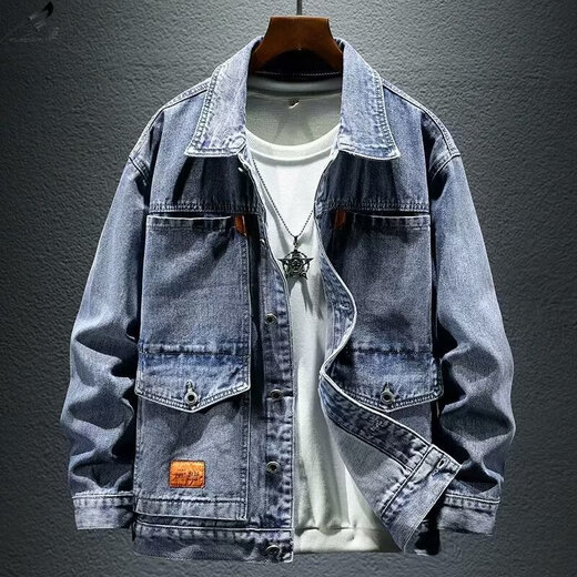 Xuanlaiya retro large pocket work denim jacket men's spring and autumn new trendy brand loose trendy handsome casual jacket men Y846 gray 3XL