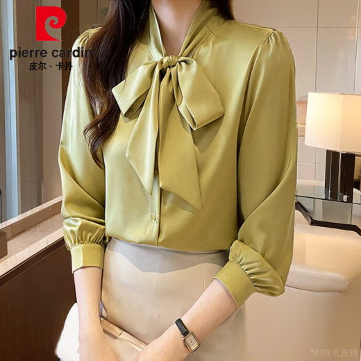 皮尔卡丹（pierre cardin）杭州真丝衬衫女长袖春装新款法式蝴蝶结衬衣感抗皱桑蚕丝上衣 蓝色9276款 L :105-115斤