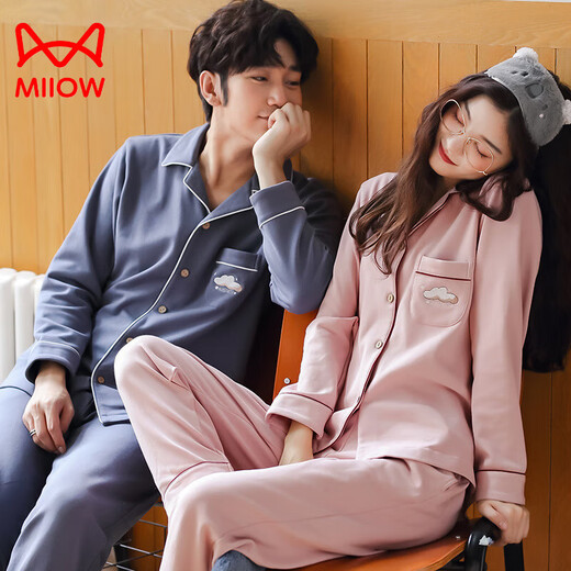 Cat Man (MiiOW) Spring and Autumn Couple Cotton Long Sleeve Pajamas Autumn Couple Clothing Women's Men's Loose Home Clothing 2025 Set AM=Female 34103-Male 34104 3XL Male
