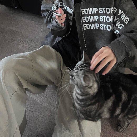 7家优品字母印花灰色棒球服外套男秋冬欧美hiphop高级感皮衣美式高街夹克 SSQFS-687灰色 M