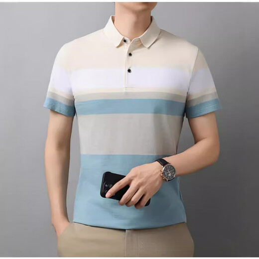 恒源祥男士短袖t恤时尚撞色条纹夏季翻领polo.衫中青年棉质半袖体恤上衣 826粉色 M