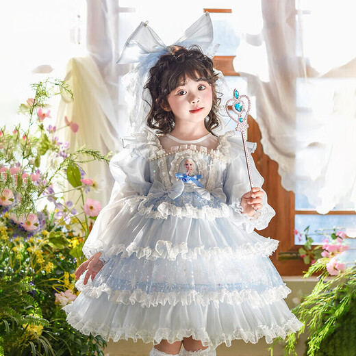 Anneyol Original Girls Spring Elsa Princess Dress 2025 New Spring and Autumn Lolita Mesh Puff Skirt Elsa Dress Blue 110
