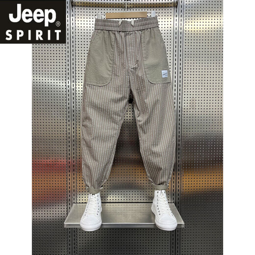 JEEP SPIRIT Jeep Летние повседневные брюки из тонкого материала в полоску Мужские свободные модные брендовые брюки с девятью точками на маленькой ноге Модные корейские шаровары мужские темного цвета хаки 28