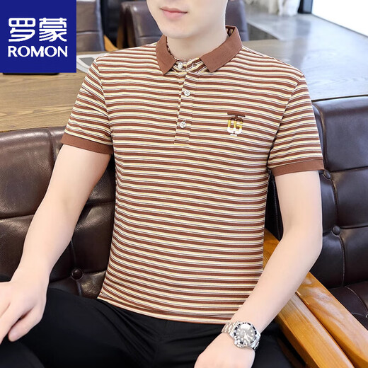 Romon Men's Shirt Cold T-shirt à manches courtes Stripes d'été Polo. T-shirt à la mode à manches à manches à manches à demi-manche 6626 Gray M 90Jin [Jin est égal à 0,5 kg]